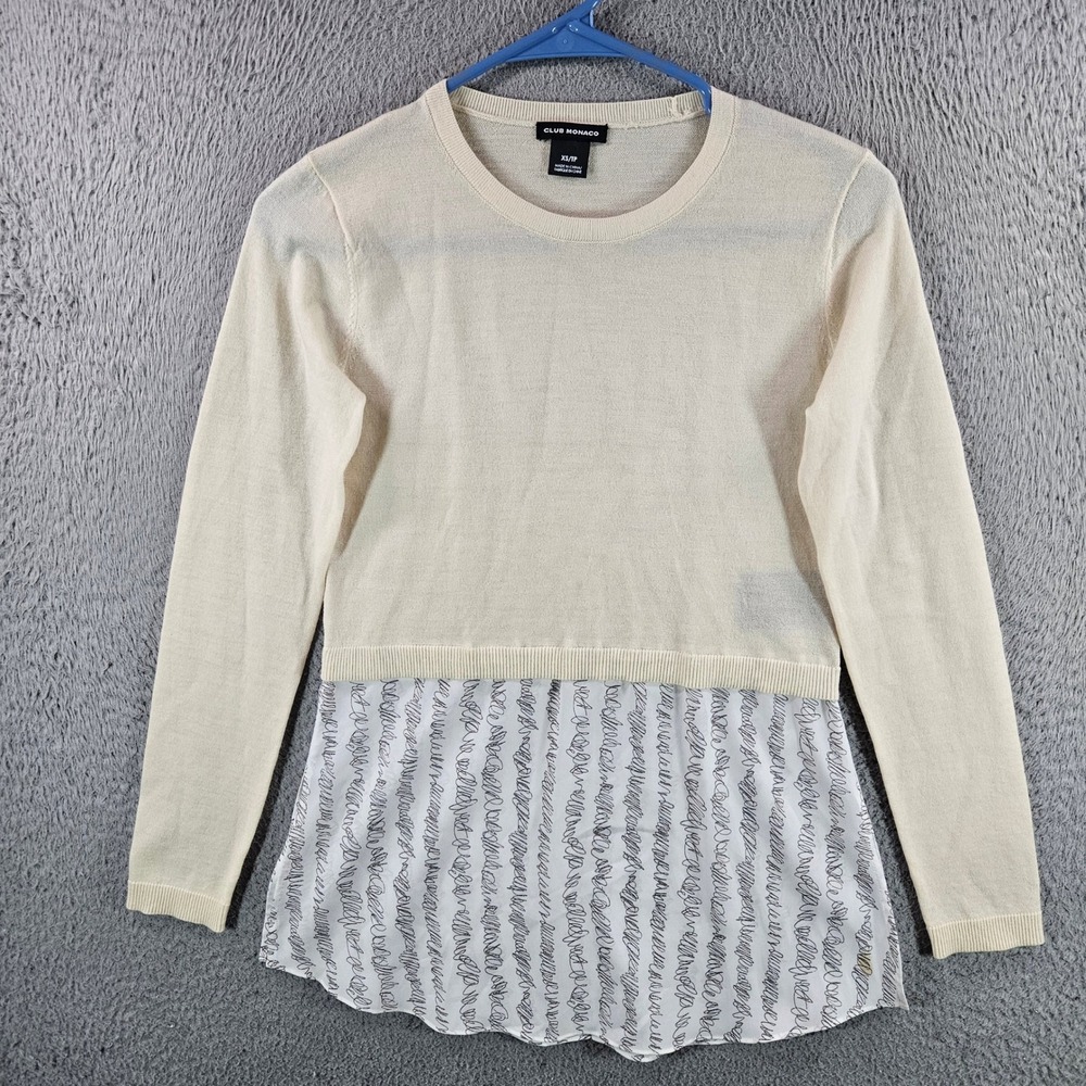 Club Monaco Womens XS Wool Mixed Media Layered Look Sweater Cream Scribble Print